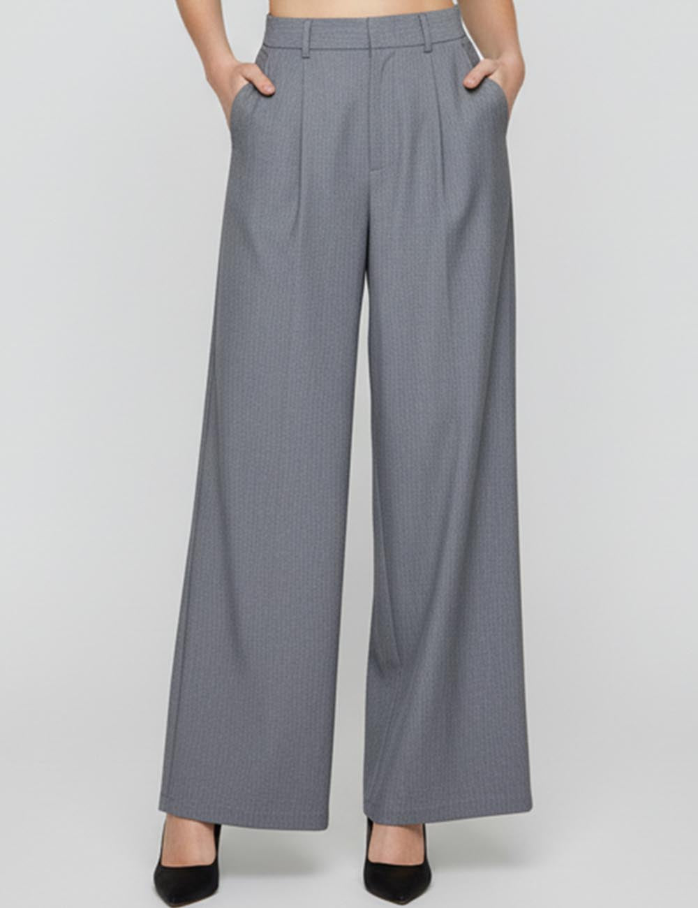 Ladies Solid Color Zip Fly Wide Leg Pants