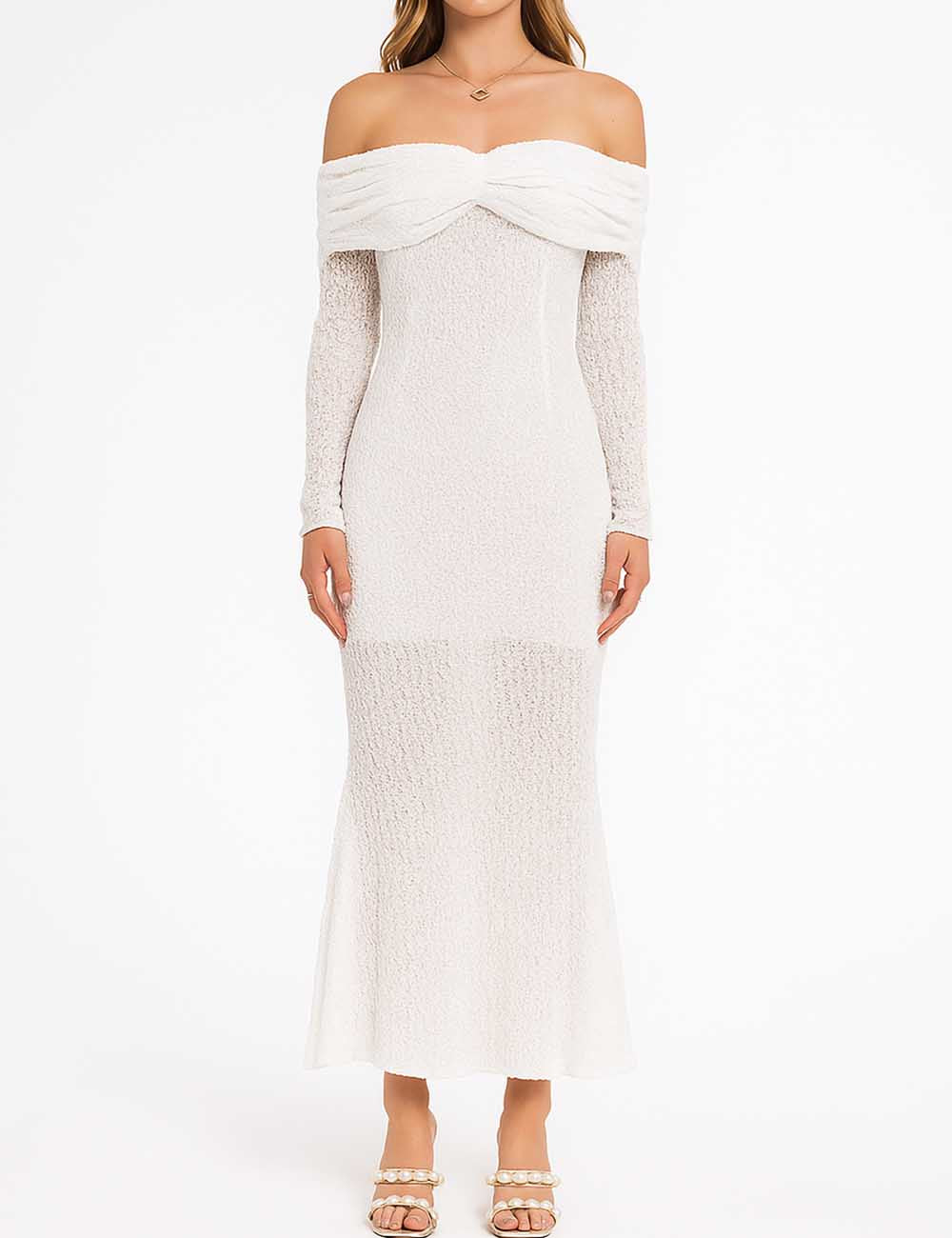 Women Off-Shoulder Solid Color Wrinkle Knit Maxi Dress