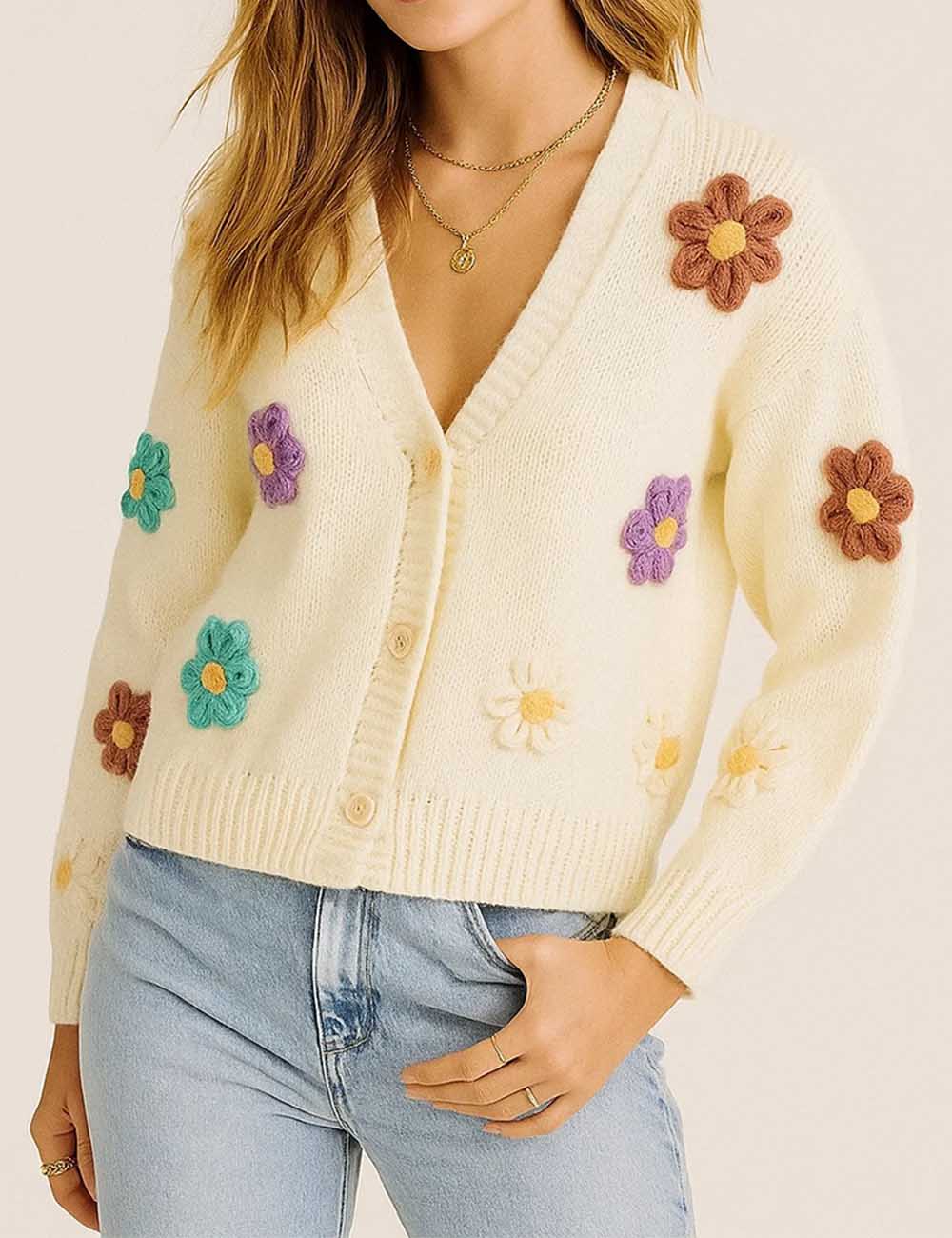 Ladies V-Neck 3D Flower Crochet Button Front Knit Cardigan