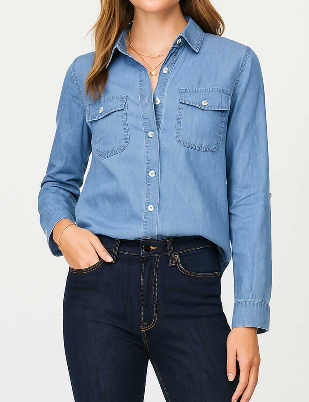 Ladies Turn Down Collar Flap Pockets Denim Shirt