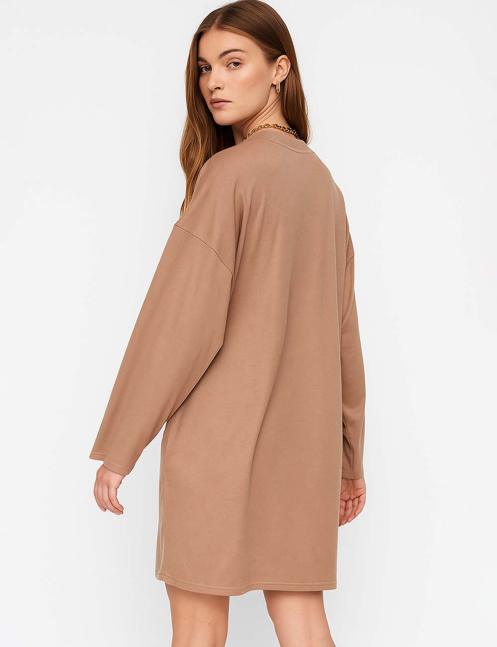 Ladies Basic Round Neck Long Sleeves Mini Dress