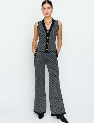Ladies Color Block V-Neck Vest Pants Sweater Set SKST41057