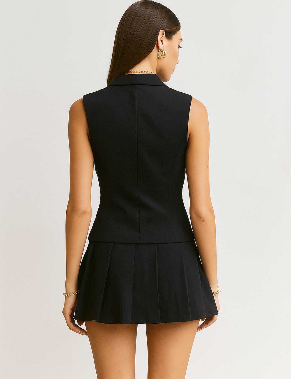 Ladies V-Neck Tie Blazer Vest Pleated Mini Skirt 2PCS Set