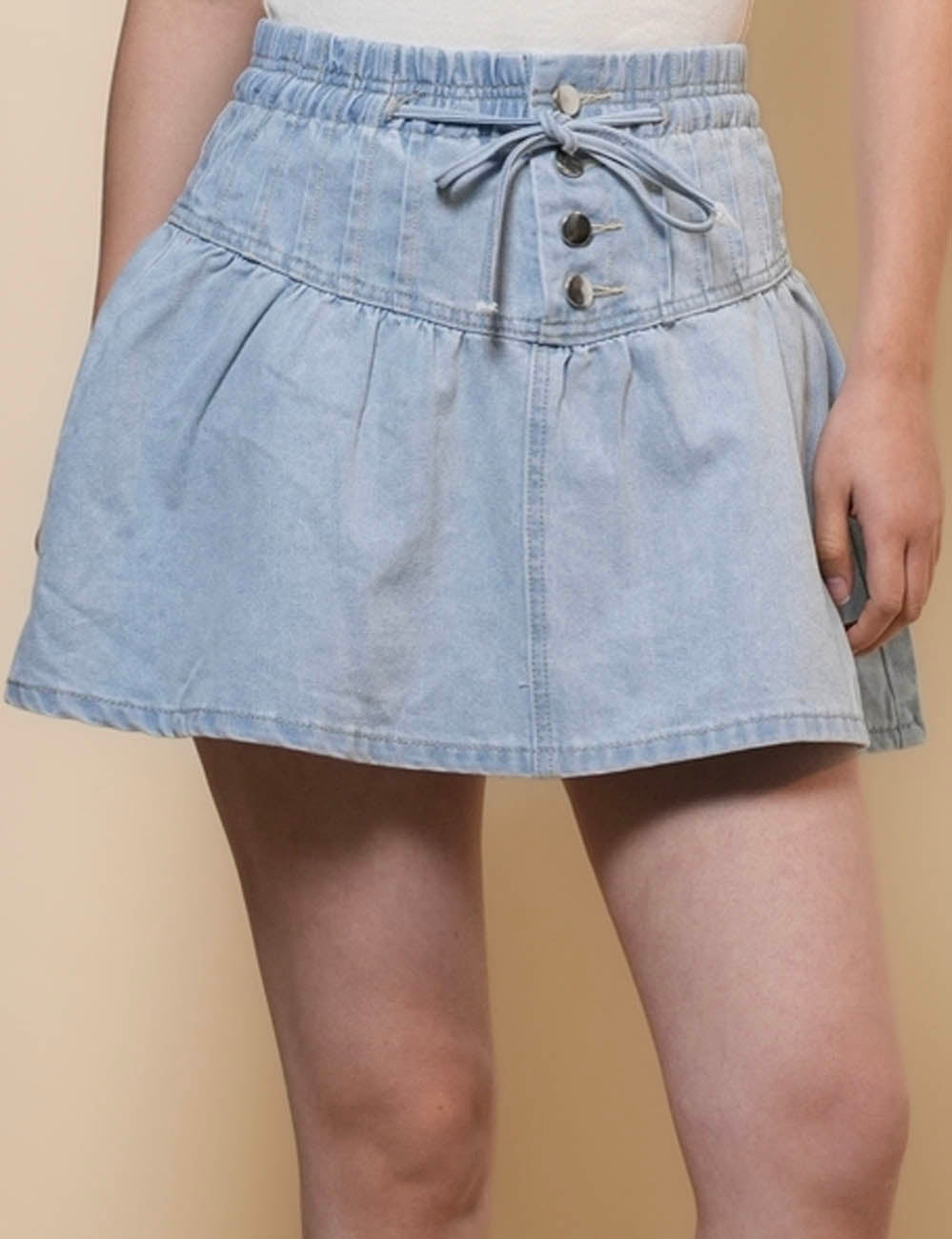 Ladies String Tie Elastic Waist Denim Mini Skirt SKS50105