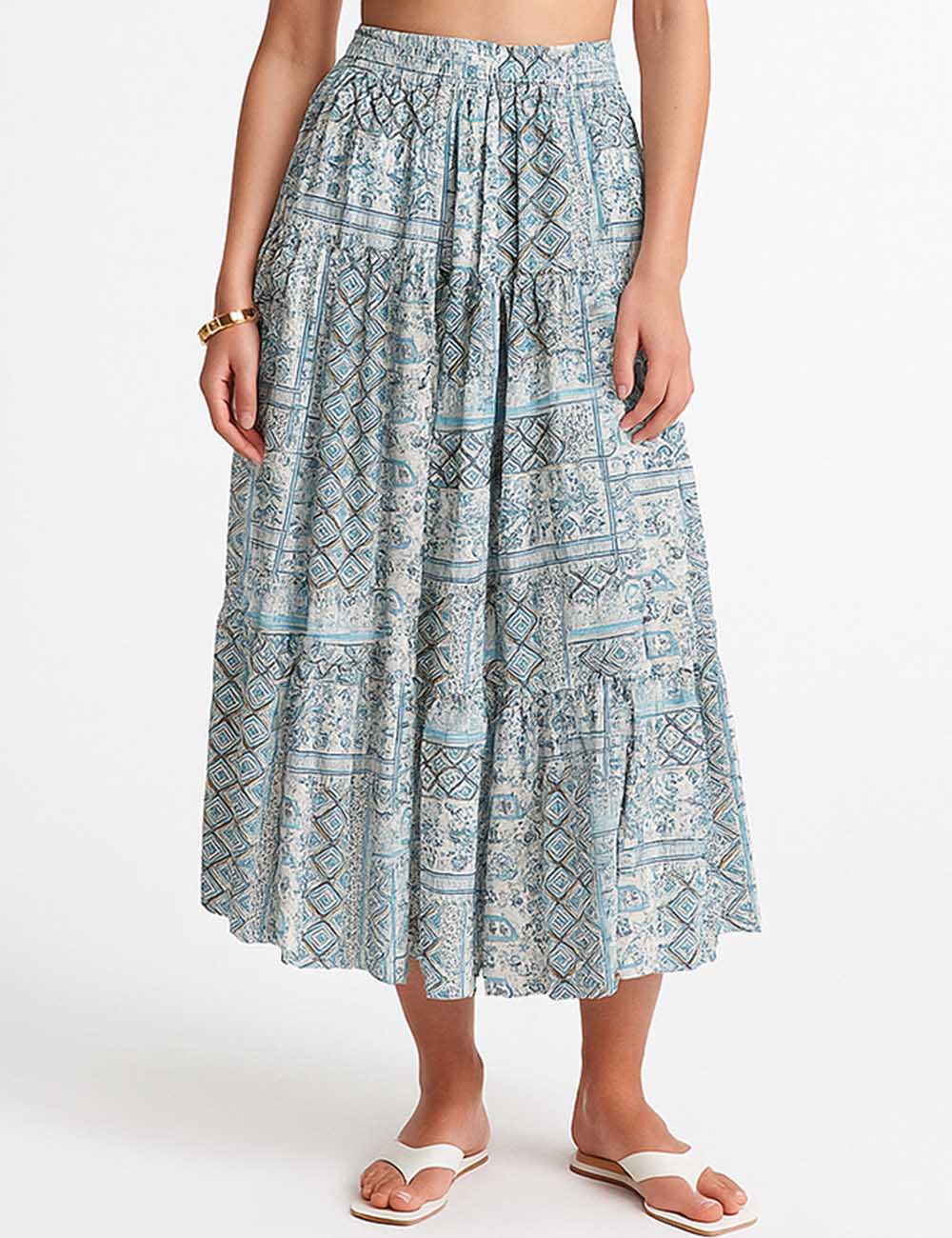 Ladies Abstract Print Tiered Midi Skirt