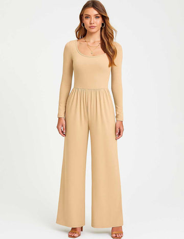 Ladies Solid Color Stretch Ruched U-Neck Wide Leg Jumpsuit