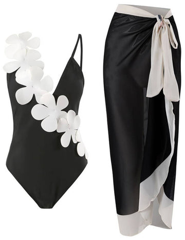 Flower Shoulder One Piece Swimwear 2PCS Set SKSW40141