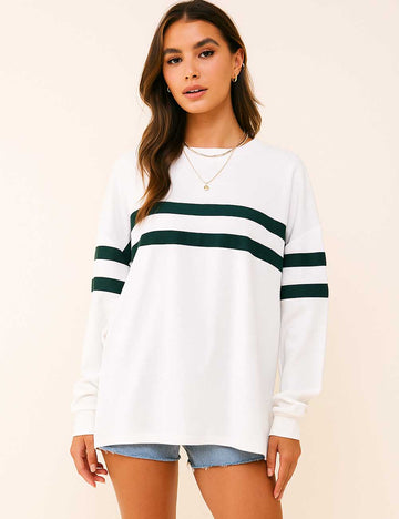 Ladies Striped Color Block Round Neck Long Sleeves Sweatshirt
