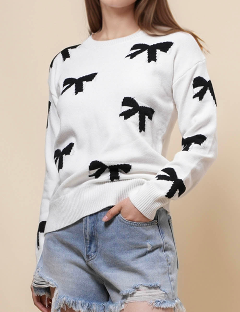 Ladies Color Block Bowknot Pullover Sweater SKT41010