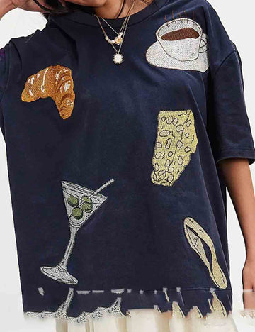 Ladies Multi Color Dinner Party Pattern Short Sleeves Tee