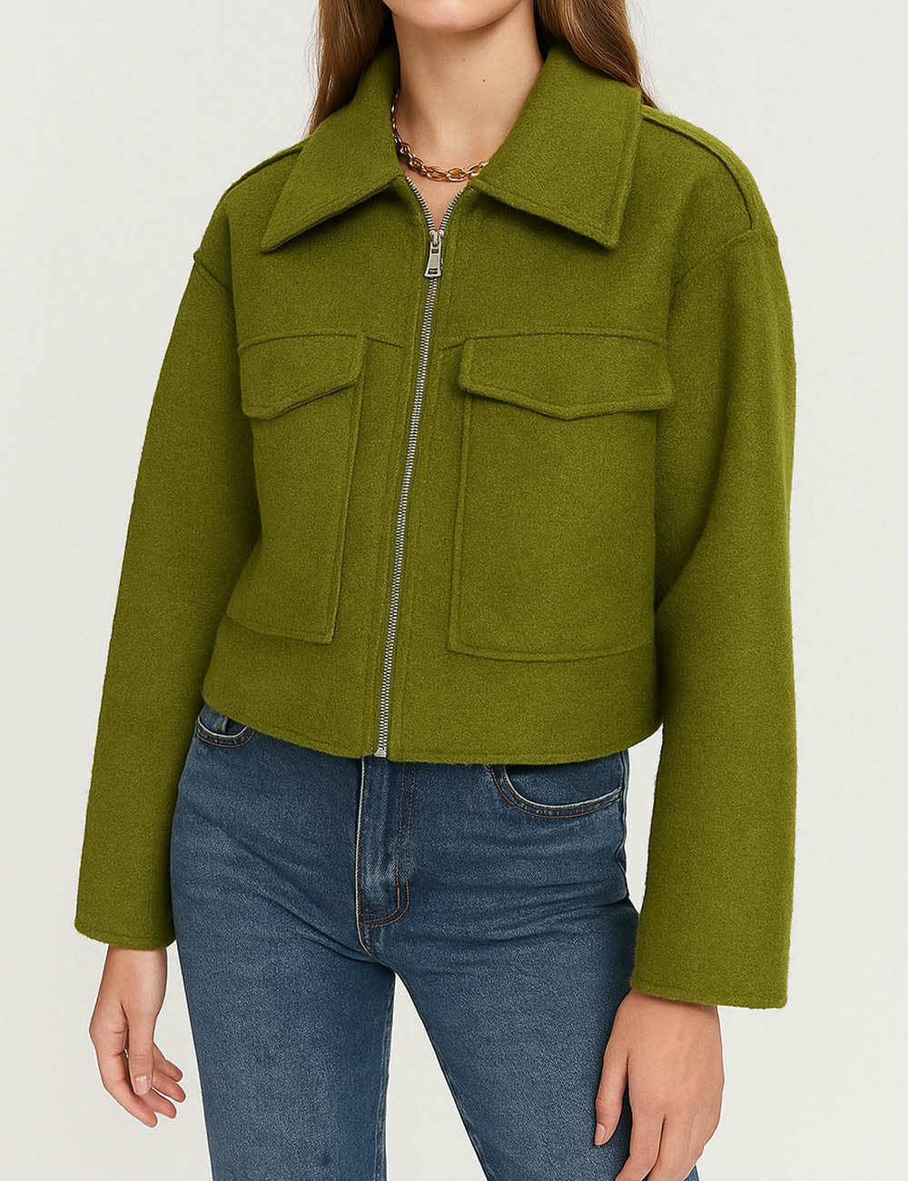 Ladies Turn Down Collar Boxy Cropped Wool Blend Jacket