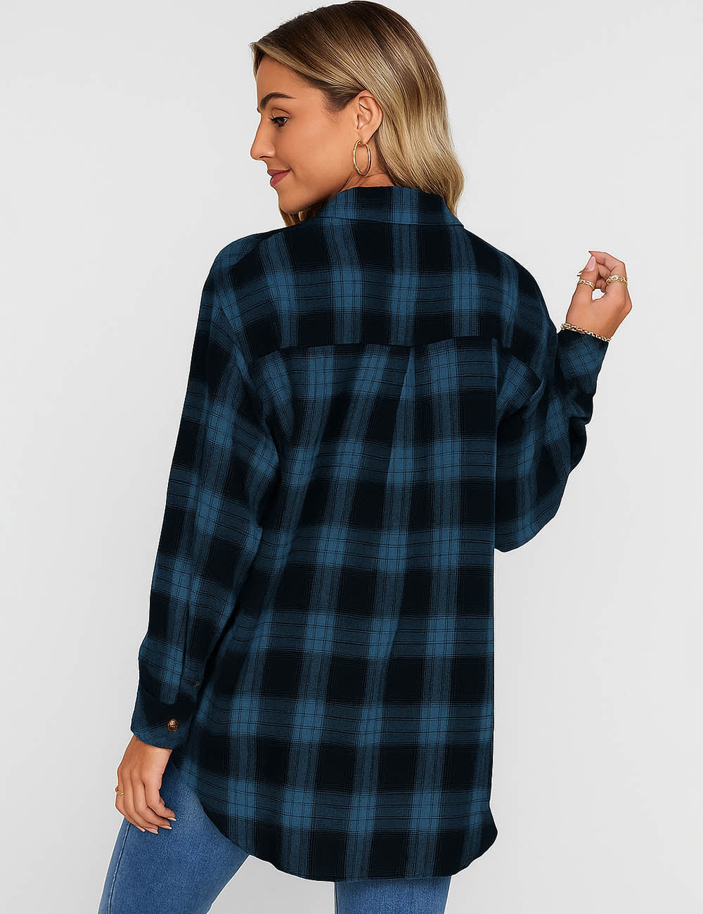 Ladies Checked Pattern Button Down Long Sleeves Pocket Shirt