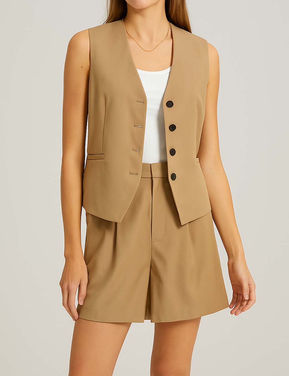 Ladies V-Neck Vest And Wide Leg Shorts Set K27788