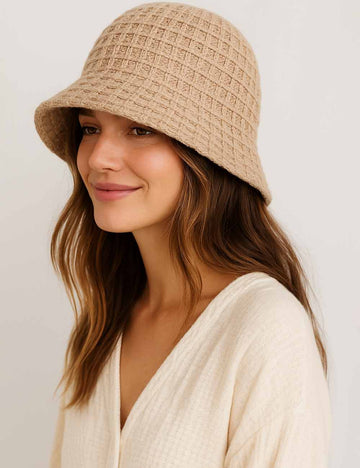 Ladies Solid Color Checked Pattern Knit Fisherman Hat