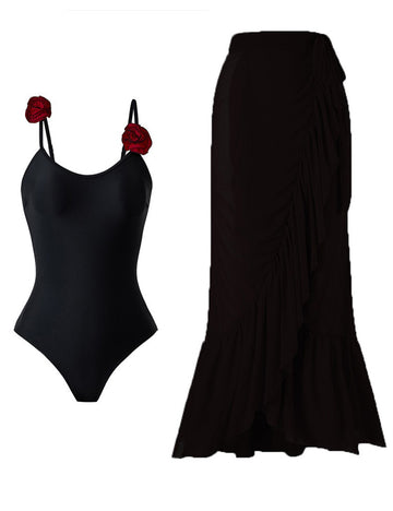 Ladies String Shoulder Red Rose One Piece Swimwear with Salong