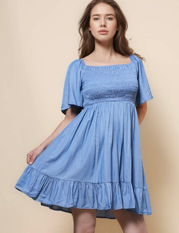 Ladies Square Neck Short Sleeves Denim Mini Dress SKD50023