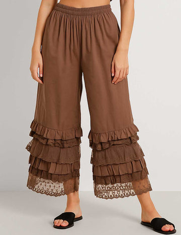 Ladies Solid Color Floral Lace Tierd Ruffle Wide Leg Pants