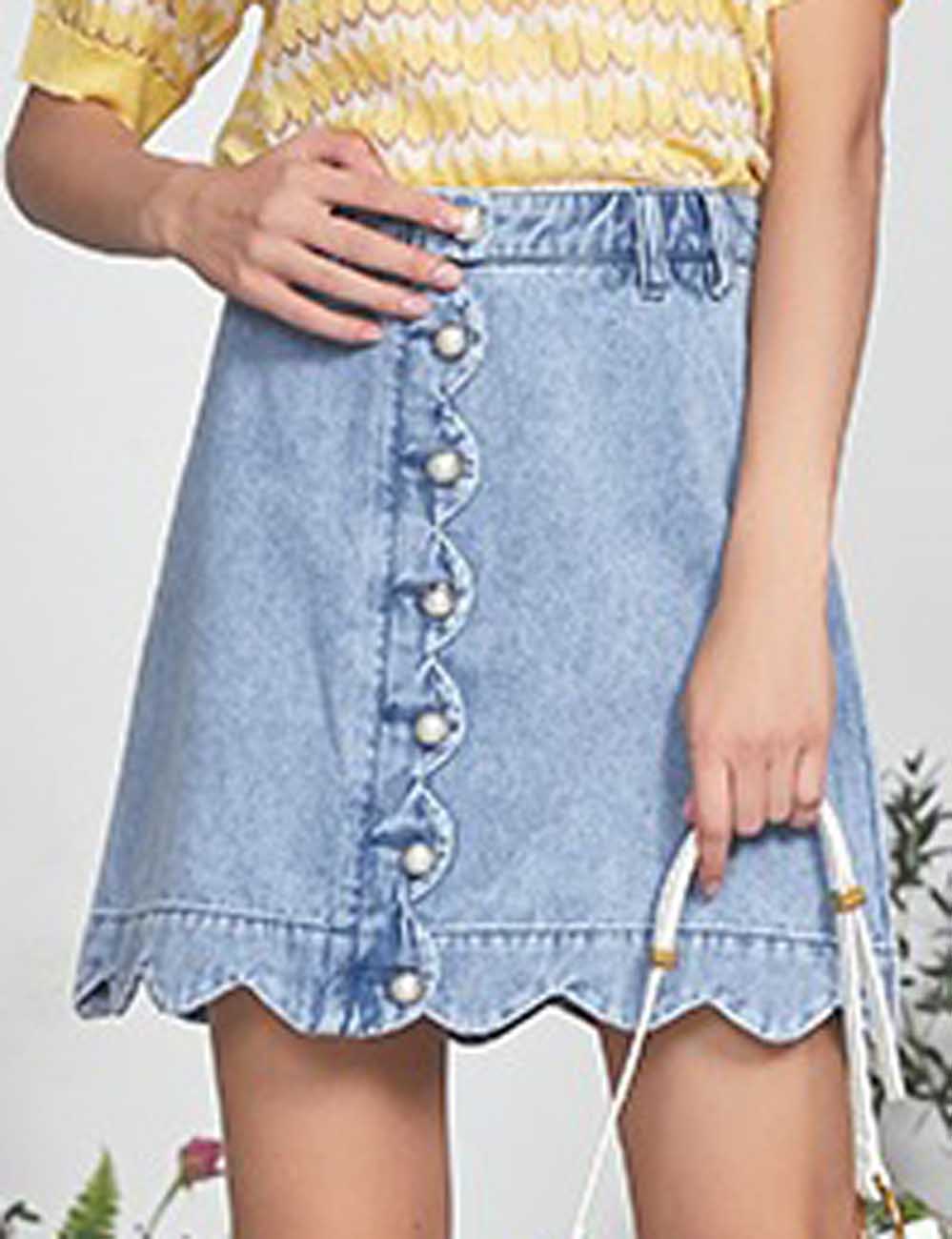 Ladies Button Scalloped Denim Mini Skirt