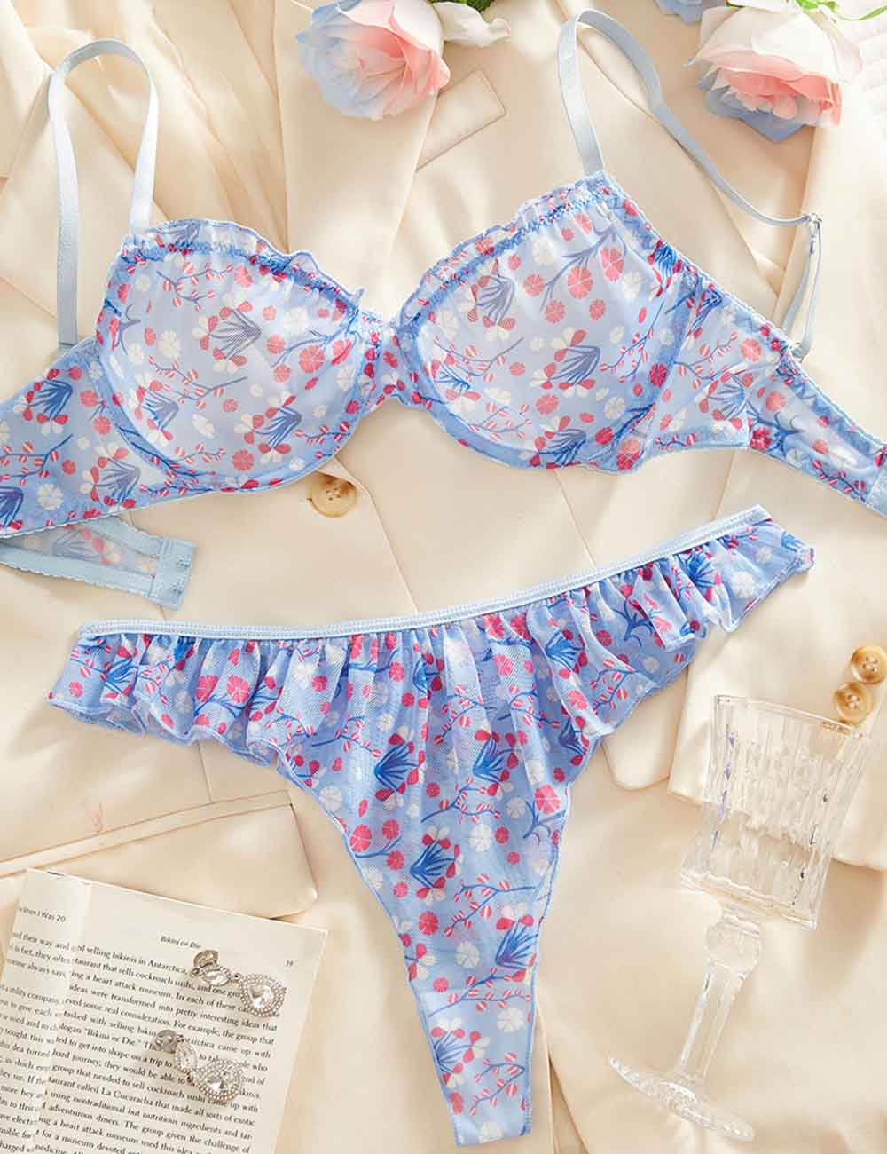 Ladies Sexy Floral Print Ruffle Thong Lingerie Set