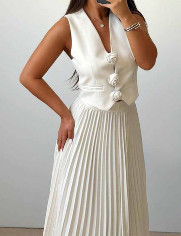 Ladies V-Neck Flower Button Pleated Vest & Skirt Set