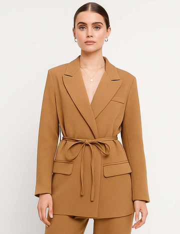 Ladies Chic Notched Lapel Belted Waist Flap Pocket Blazer