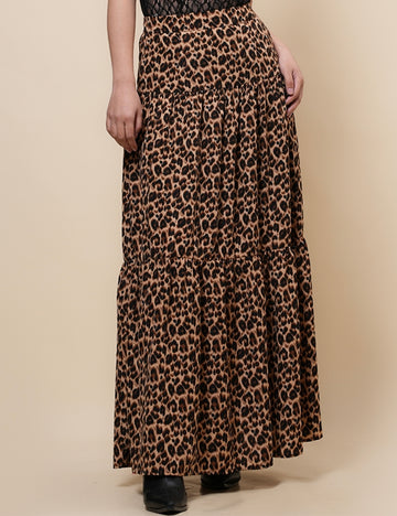 Ladies Leopard Print Elastic Waist Midi Skirt SKS4967