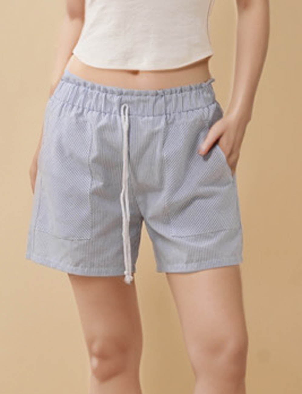 Ladies Color Block Elastic Waist String Tie Striped Shorts