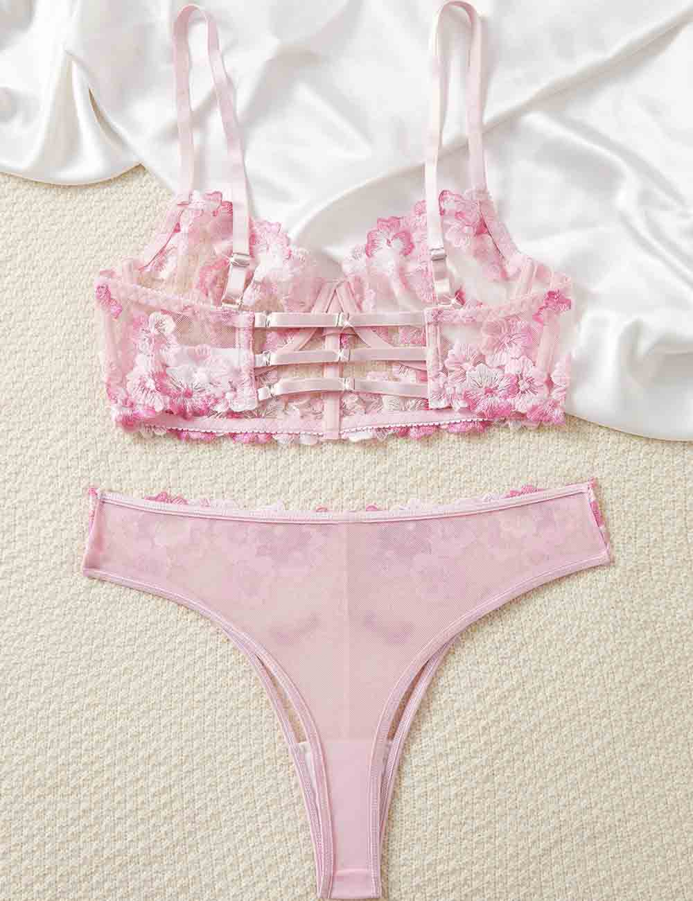Ladies Floral Embroidery See Through 2PCS Lingerie Set 8XX0262