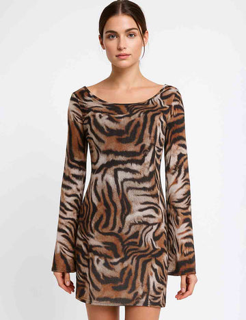 Ladies Tiger Striped Round Neck Scoop Back Mesh Mini Dress