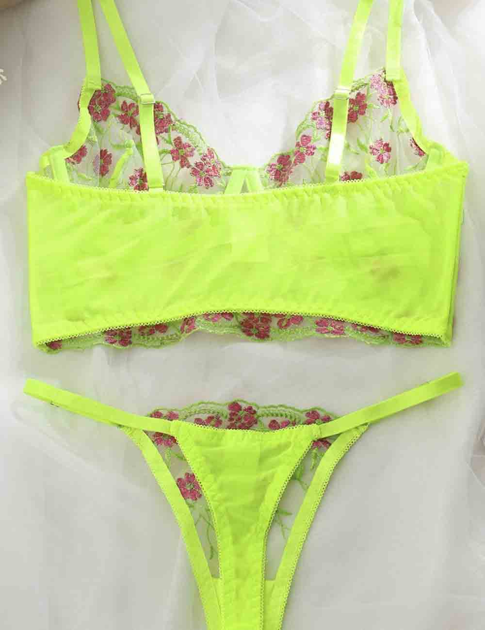 Ladies Floral Embroidery See Through 2PCS Lingerie Set 8HF4169