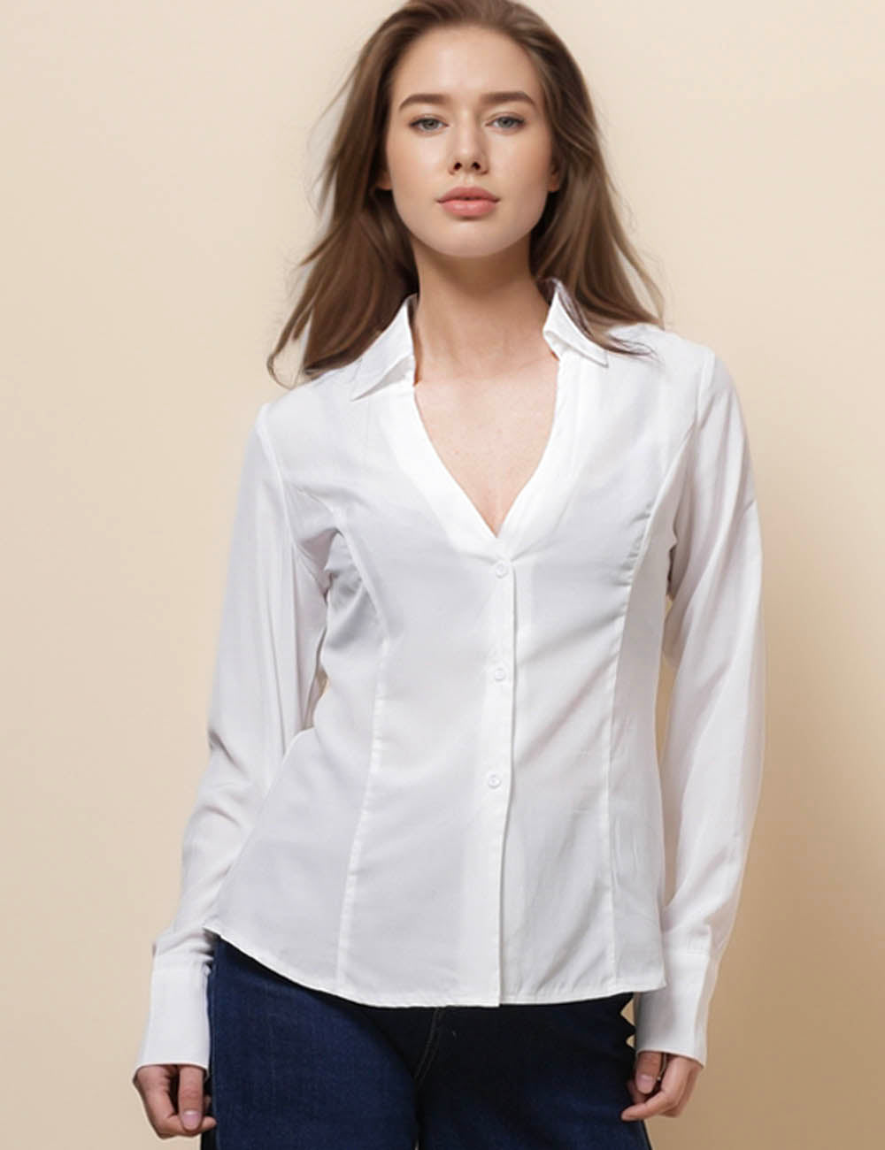 Ladies Long Sleeves Button Down White Shirt SKT51064