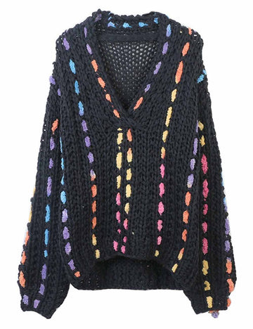 Ladies V-Neck Long Sleeves Multicolor Stitching Pullover Sweater