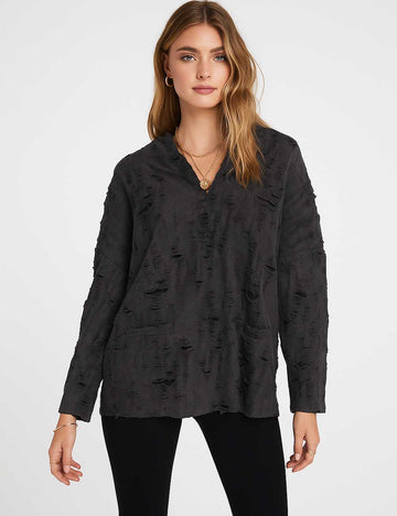 Ladies Full Ripped Distressed V-Neck Hoodie Sweatshirt