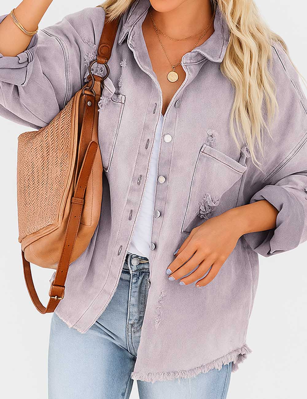 Ladies Distressed Button Down Long Sleeves Denim Jacket