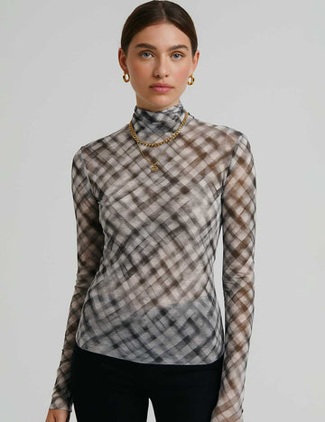 Women Color Block Checked Layering Top See Sheer Blouse