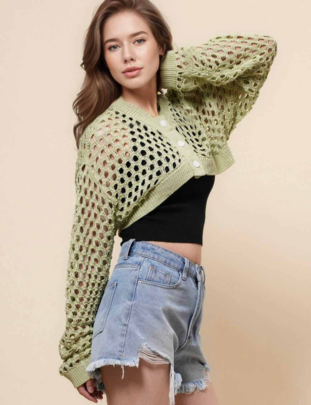 Ladies Hallow Out Knit Round Neck Crop Cardigan SKT41003