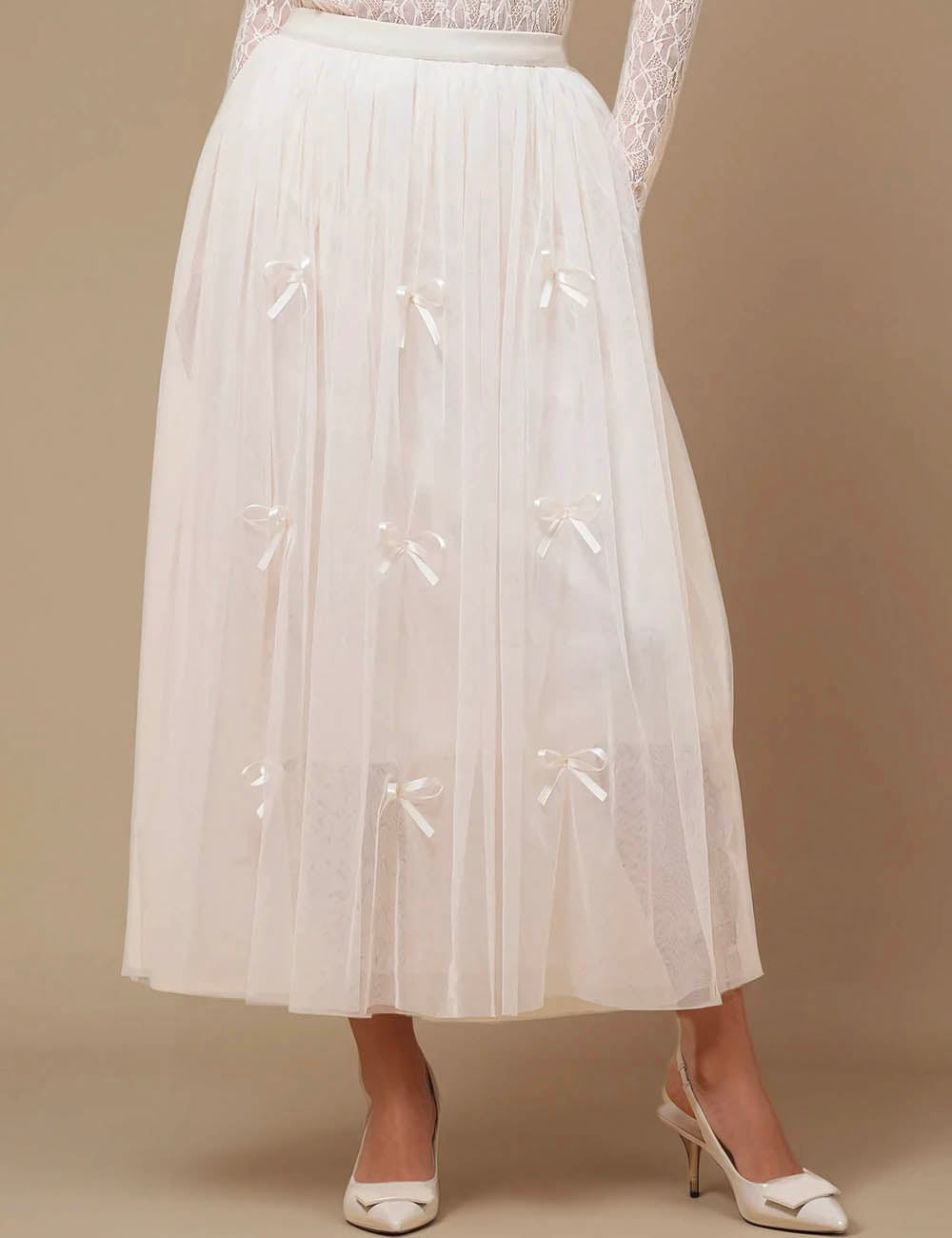 Ladies Gauzy Tiny Bowknot Elastic Waist Midi Skirt SKS50450A