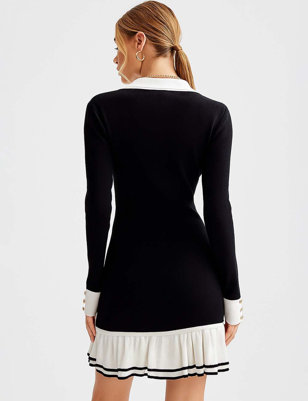 Ladies V-Neck Contrast Bell Long Sleeves Knit Mini Dress
