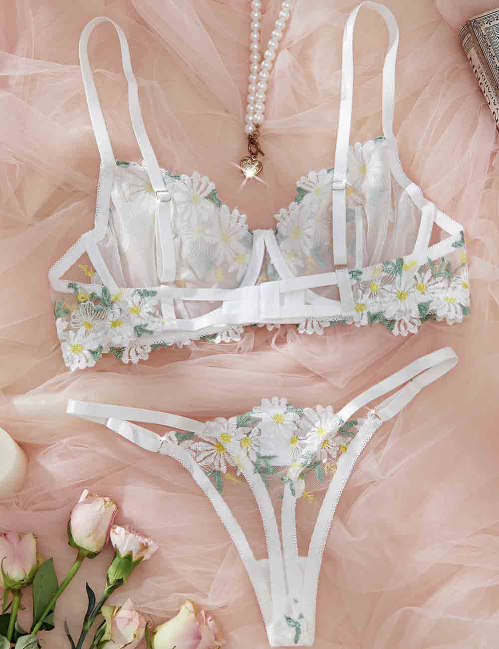 Ladies Floral Embroidery See Through 2PCS Lingerie Set 8XY0132