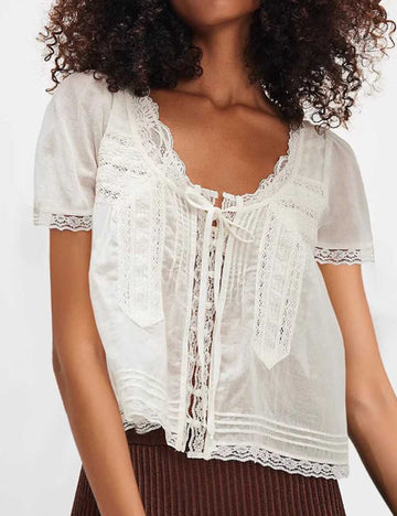 Ladies Solid Color Square Neck Lace Front Tie Top