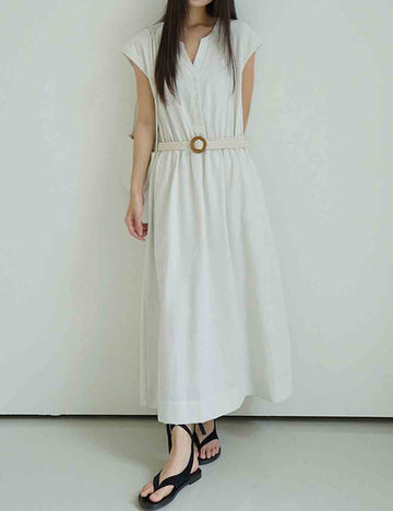 Ladies Solid Color Button Belt Short Sleeves Maxi Dress