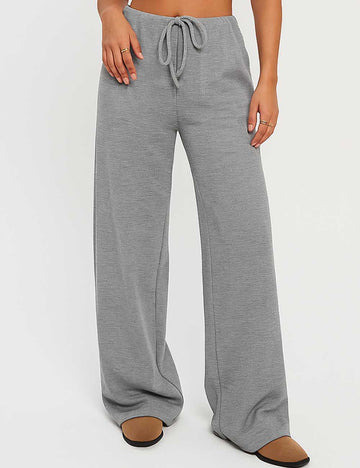 Ladies Solid Color Elastic Waist String Tie Wide Leg Pants
