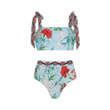 Two Shoulder Flower Print Bikini Swimsuit Set 2569