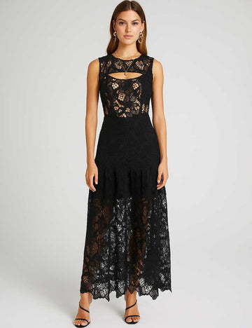 Ladies Lace Sheer Cut-Out Round Neck Sleeves Maxi Dress