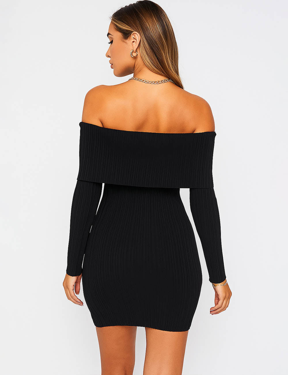 Ladies Ribbed Knit Off-Shoulder Flared Sleeves Mini Dress