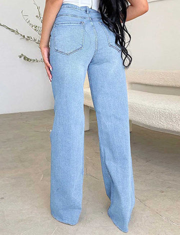 Ladies Distressed Wide Leg Denim Pants