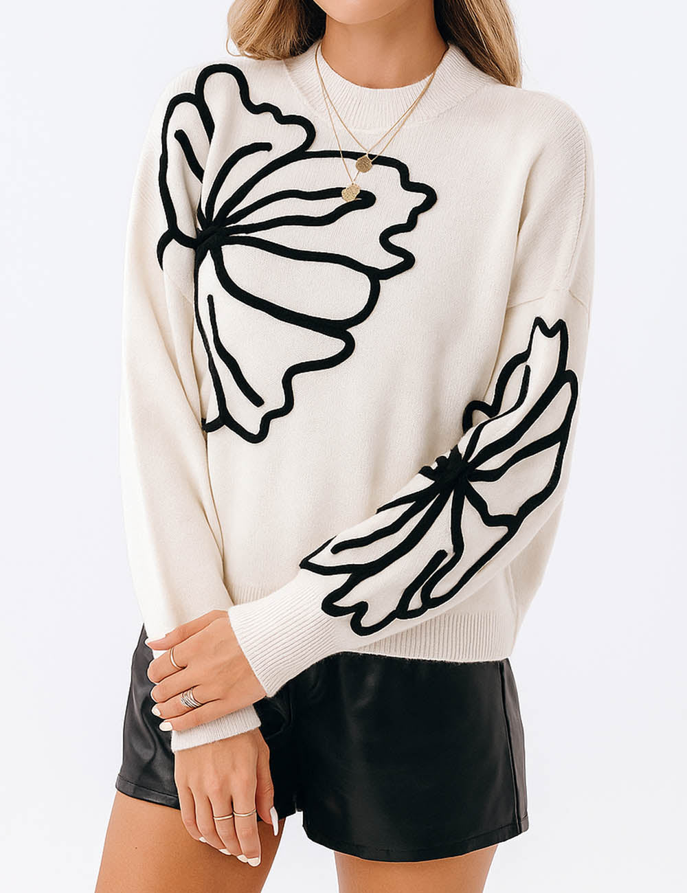 Ladies Color Block Floral Embroidery Pullover Sweater