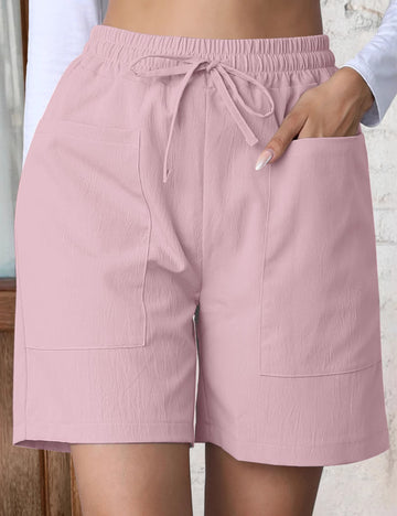 Ladies Solid Color String Tie Pocket Straight Leg Shorts