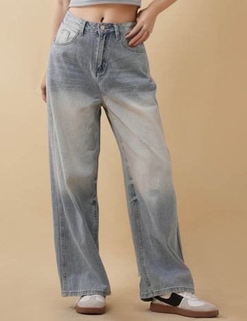 Ladies Distressed Jeans Wide Leg Denim Pants