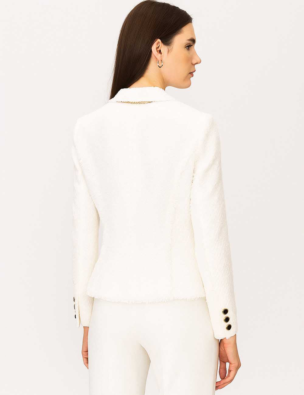 Ladies Solid Color Metal Chain One-Button Tassel Tweed Blazer